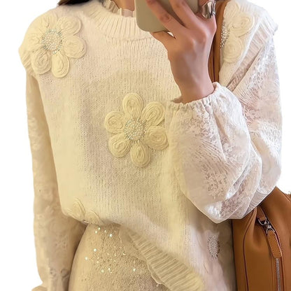 Damen Strickpullover Floral 3D-Applikation Eveloria