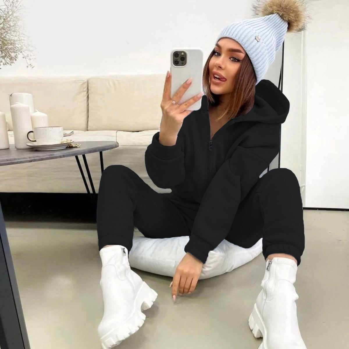 Damen Fleece-Jumpsuit mit Kapuze und Reißverschluss Eveloria
