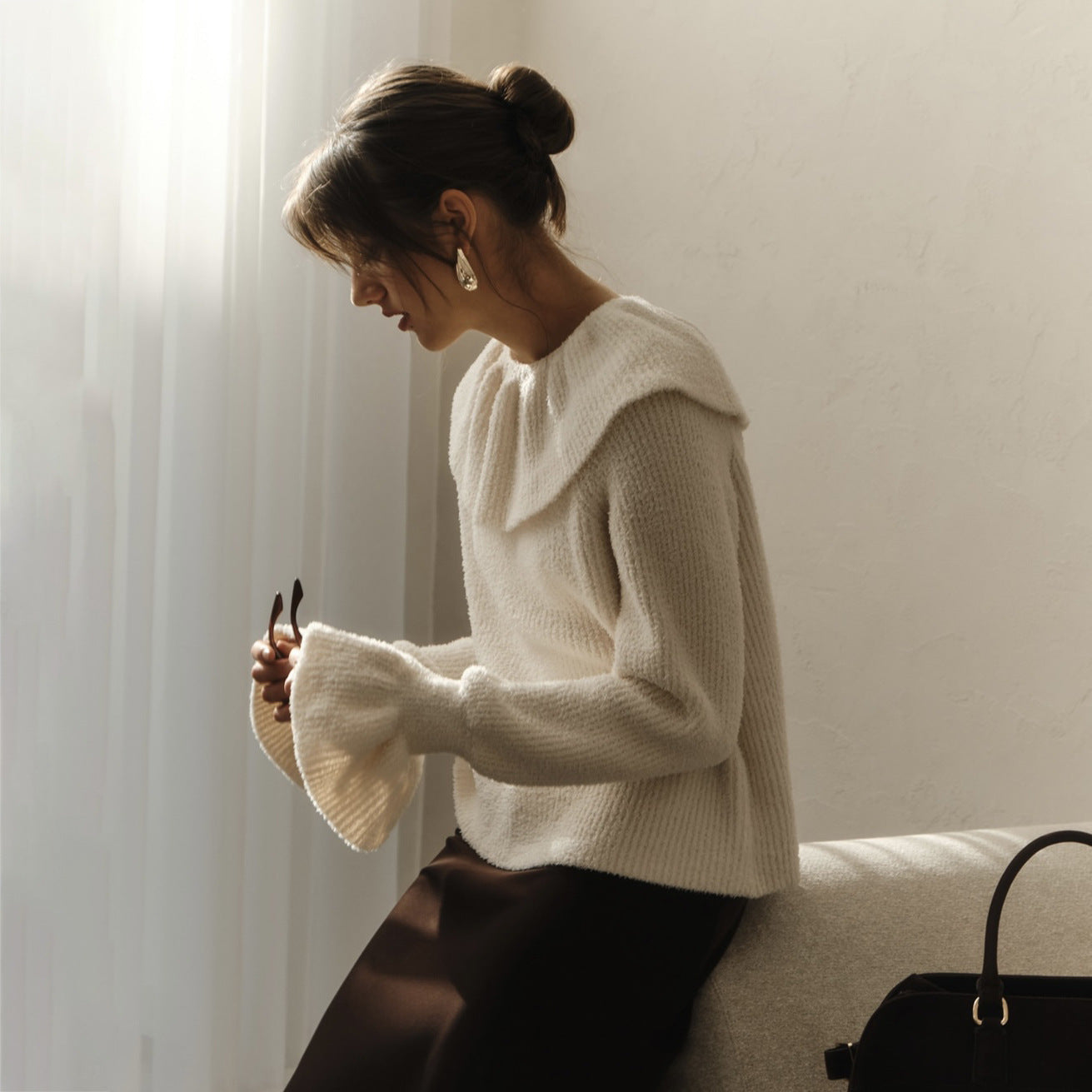 Damen Strickpullover Rüschenärmel Eveloria