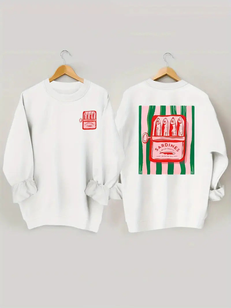 Damen Sweatshirt Sardinen-Grafik Lässig Grau Eveloria