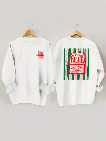 Damen Sweatshirt Sardinen-Grafik Lässig Grau Eveloria