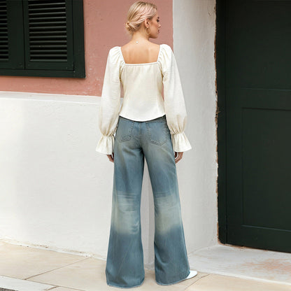 Damen Oberteil Puffärmel Raffinierter Knoten Detail Bluse