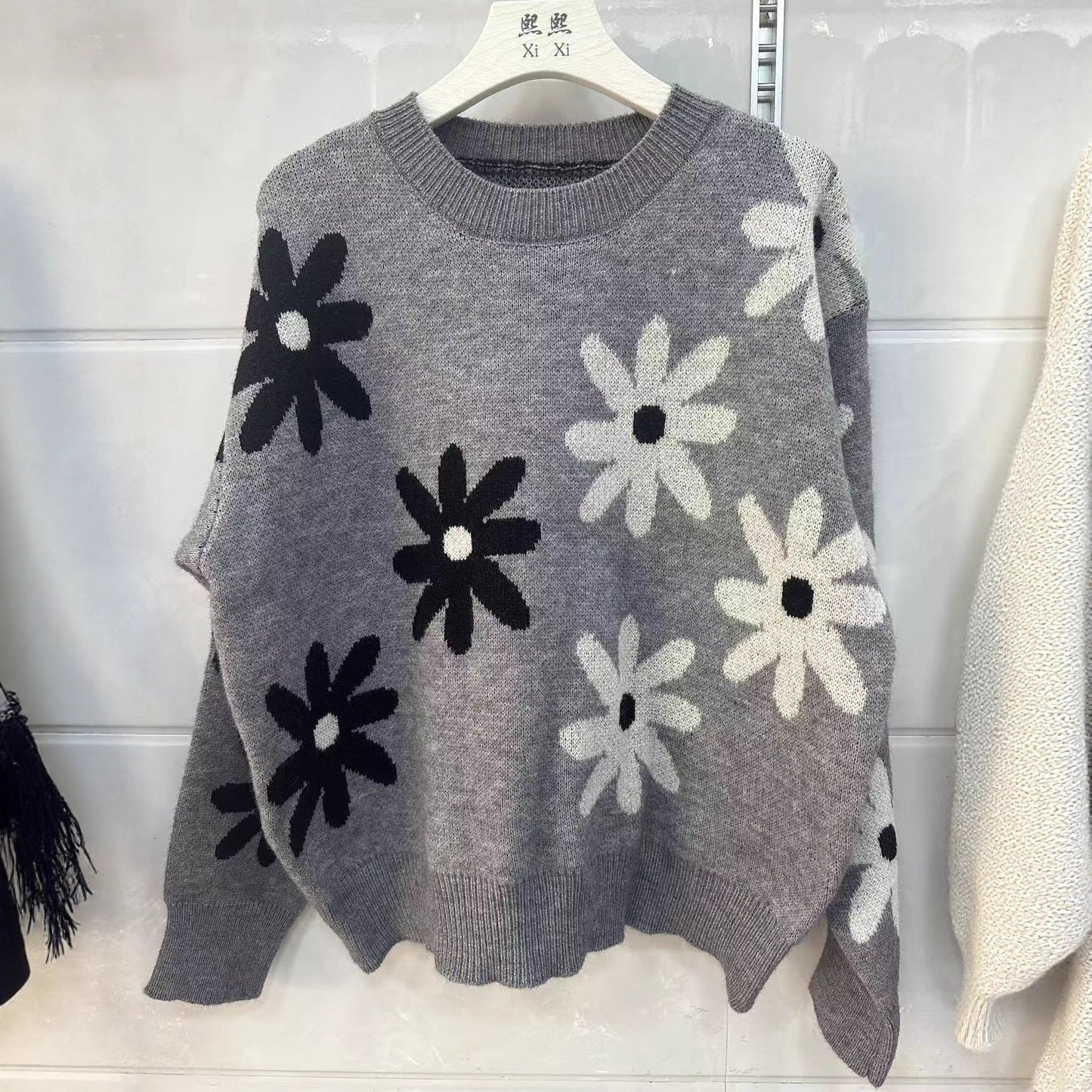 Damen Strickpullover Weiches Material Florales Muster Beige