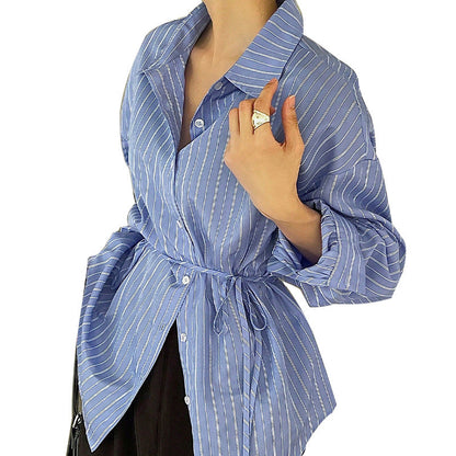 Damen Bluse mit Bindeband Streifenmuster Elegant