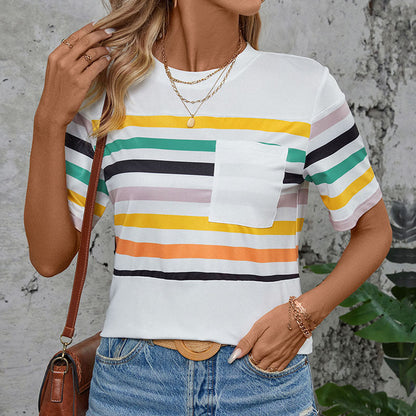 Damen T-Shirt Kurzarm Streifenmuster mit Brusttasche Bunt - Eveloria