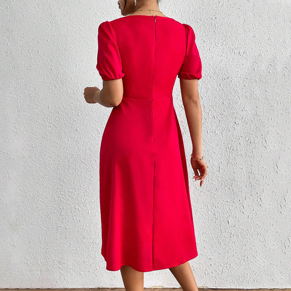 Damen Midi-Kleid Puffärmel Seitenriss Eveloria