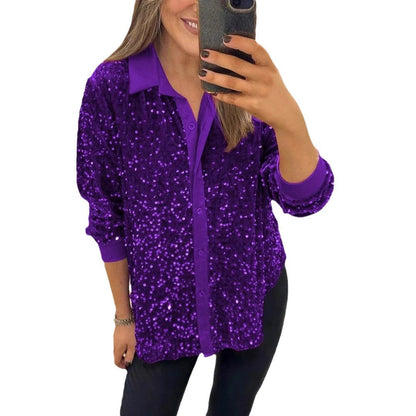 Damen Paillettenbluse Klassischer Kragen Glitzer Effekt