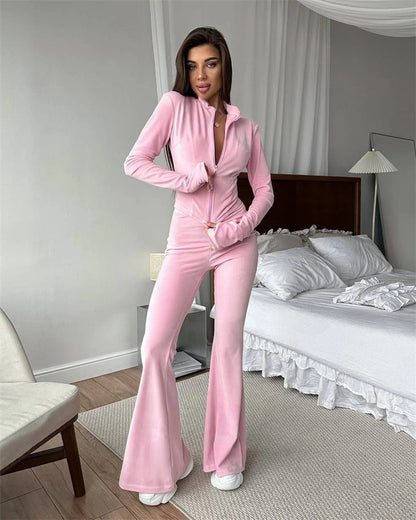 Damen Fleece Jogginganzug Elegant Reißverschluss Ausgestellte Beine