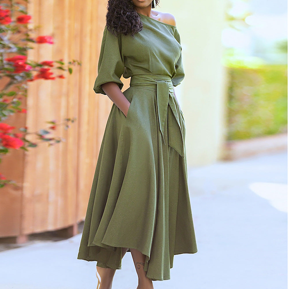 Damen Maxi-Kleid Asymmetrisch Mit Taschen Eveloria