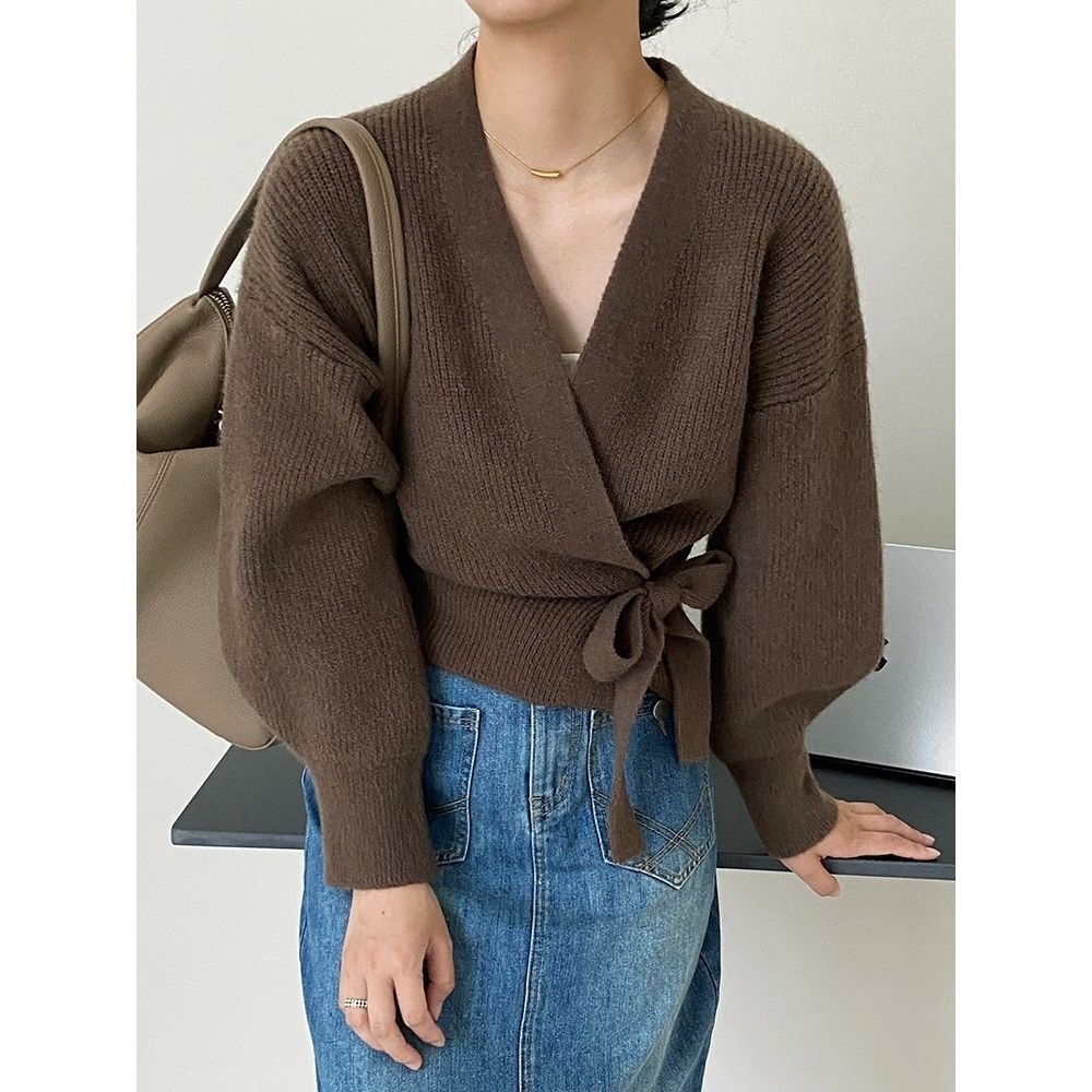 Damen Wickelpullover V-Ausschnitt Taillenzug Eveloria - Eveloria