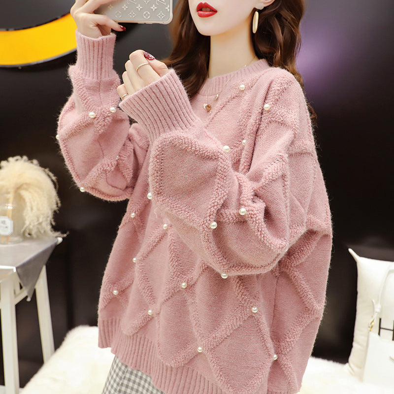 Damen Oversized Pullover Strukturmuster Perlenverzierungen Eveloria - Eveloria