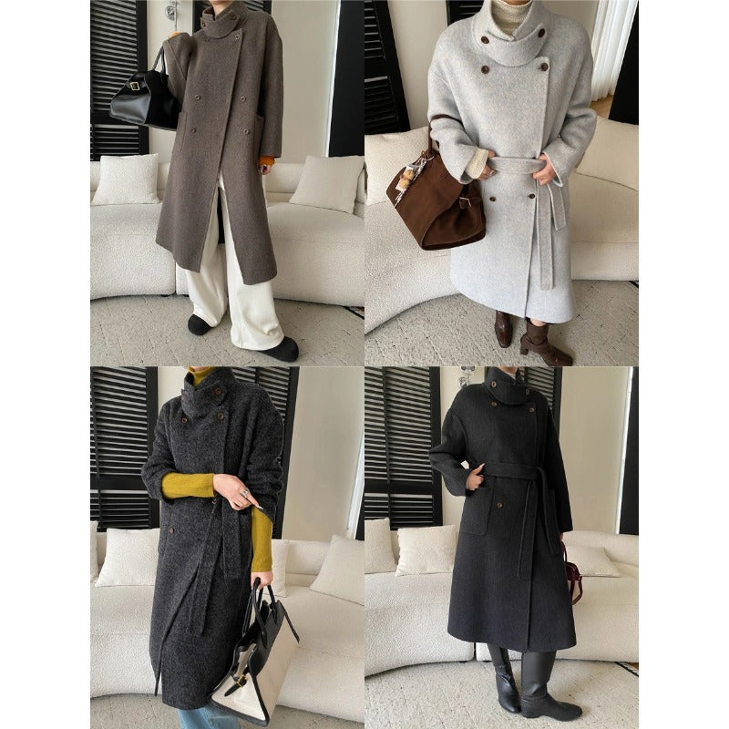 Damen Wollmantel Elegant Doppelter Knopfleiste Taillengürtel