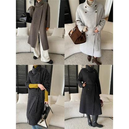 Damen Wollmantel Elegant Doppelter Knopfleiste Taillengürtel