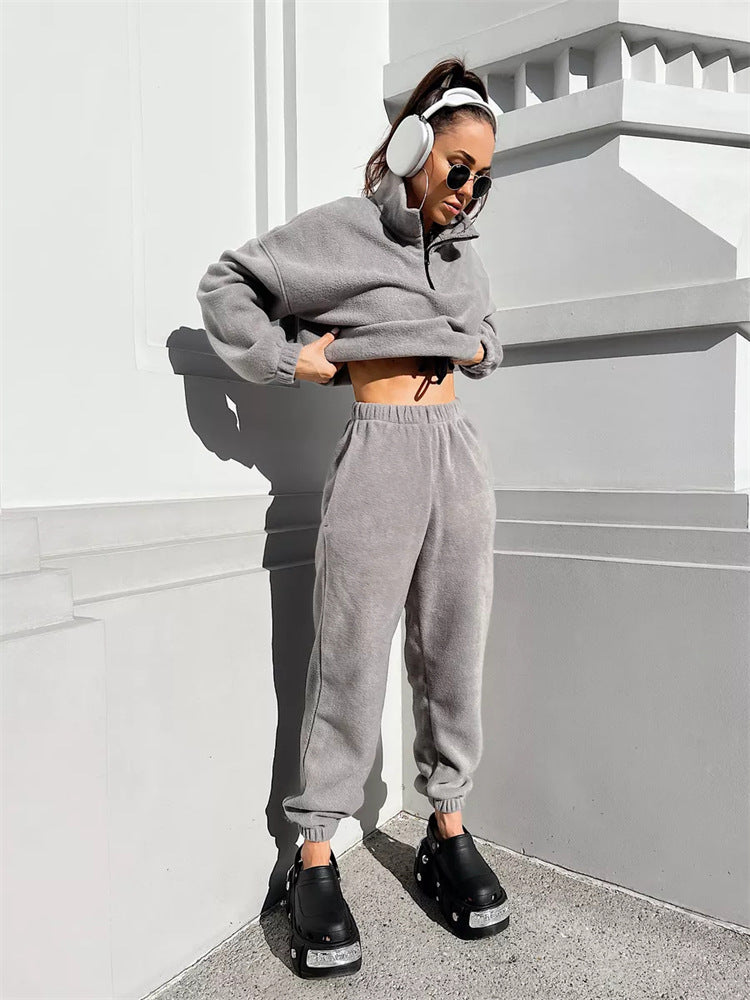 Damen Fleece Lounge Set Hochkragen Verstellbar Eveloria