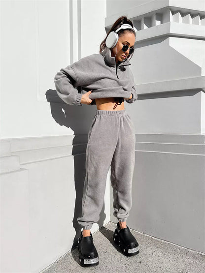 Damen Fleece Lounge Set Hochkragen Verstellbar Eveloria