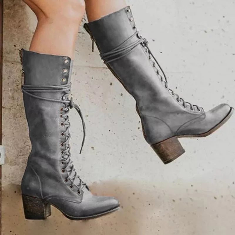 Damen Kniehohe Stiefel Frontschnürung Blockabsatz