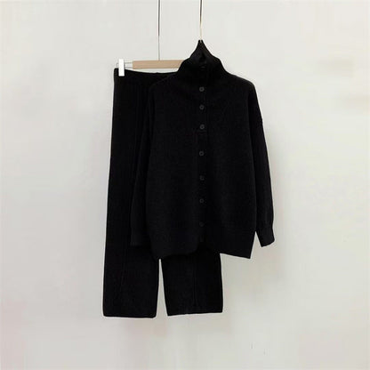 Damen Strickensemble Hochkragen Knöpfe Eveloria