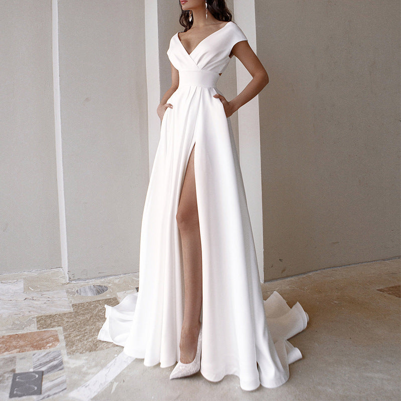 Damen Cocktailkleid V-Ausschnitt Geschwungen Saum Eveloria