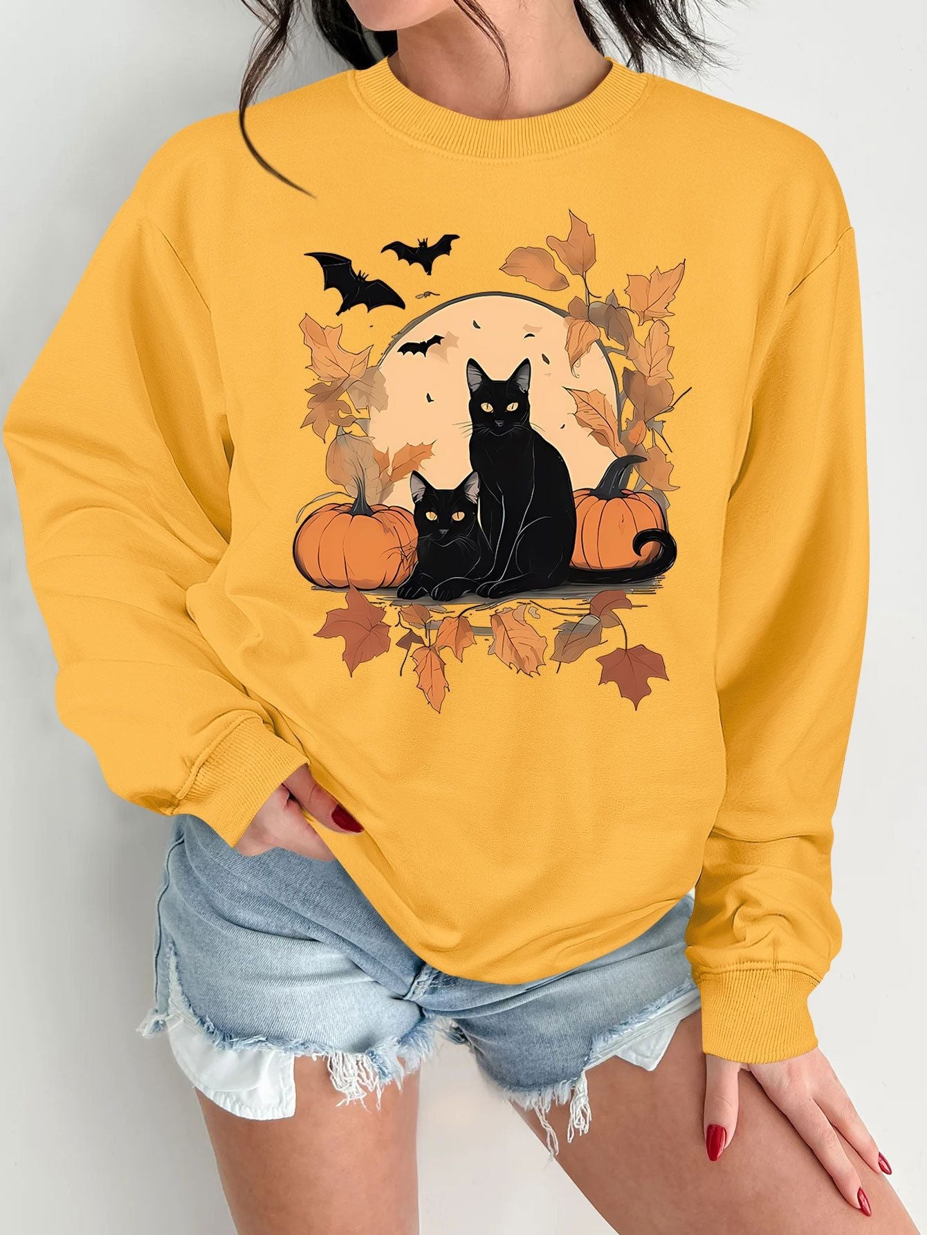 Damen Sweatshirt Herbstlich Katzen Kürbis Design Eveloria