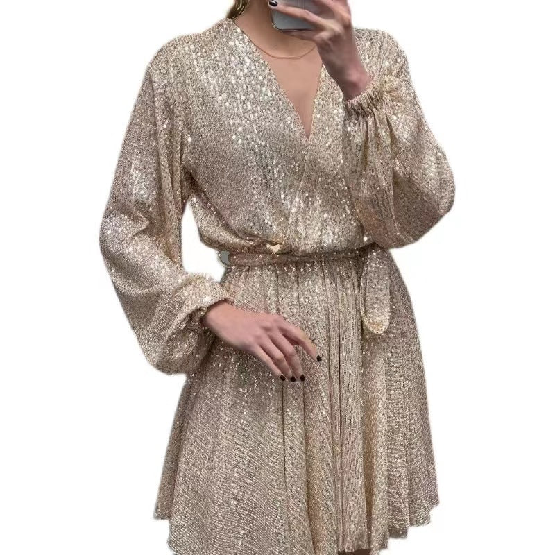 Damen Glitzerndes Mini-Kleid V-Ausschnitt Puffärmel Eveloria