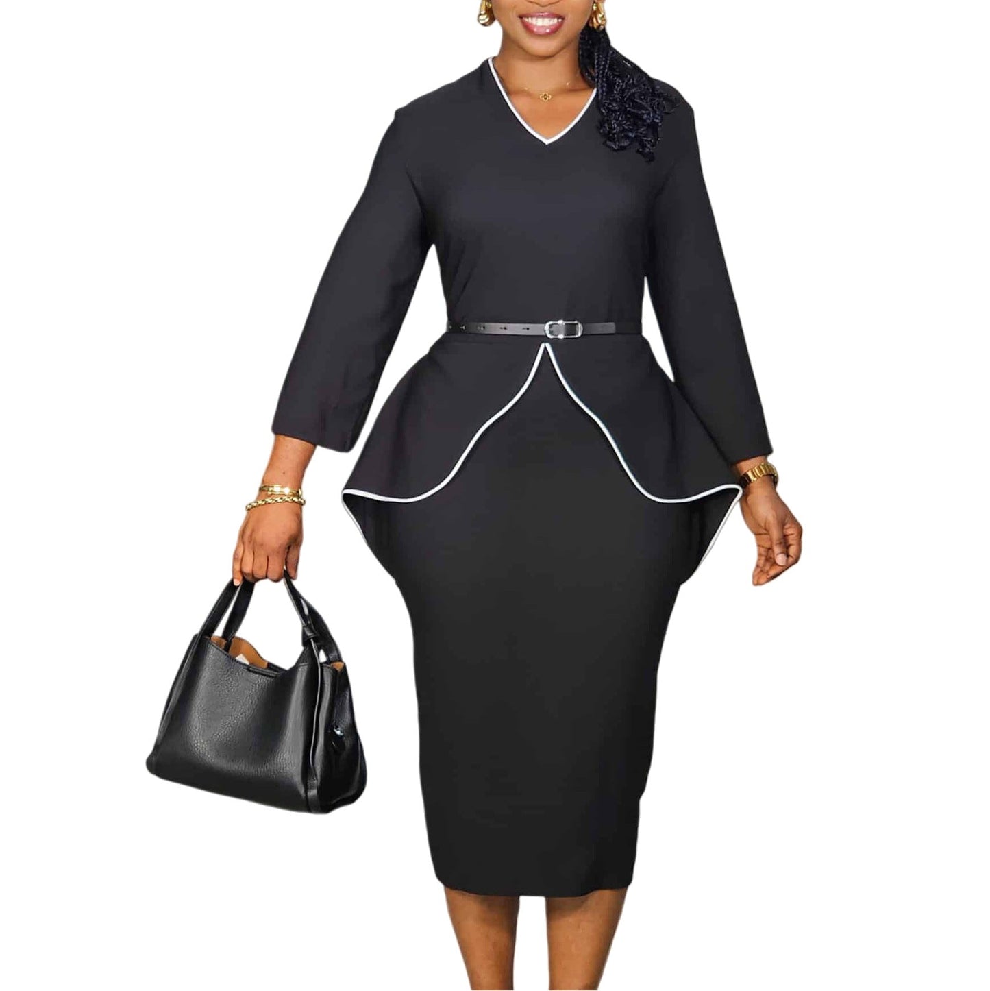 Damen Etuikleid mit Peplum-Design und Taillengürtel