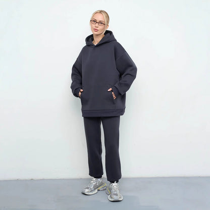 Damen Sweat-Set mit Kapuze Weites Cut Grau Eveloria
