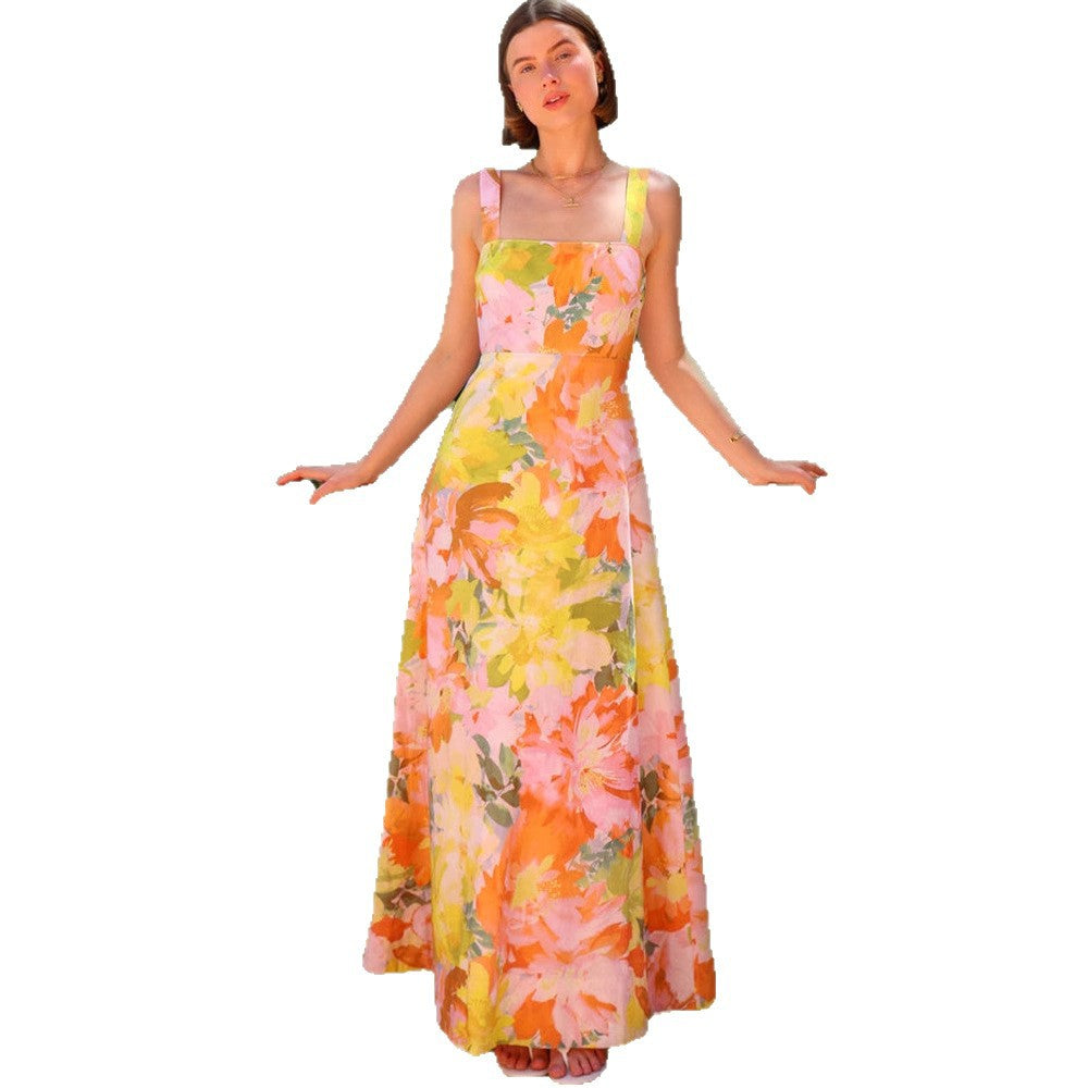 Damen Maxikleid Florale Blume Tailliert Spaghettiträger Eveloria