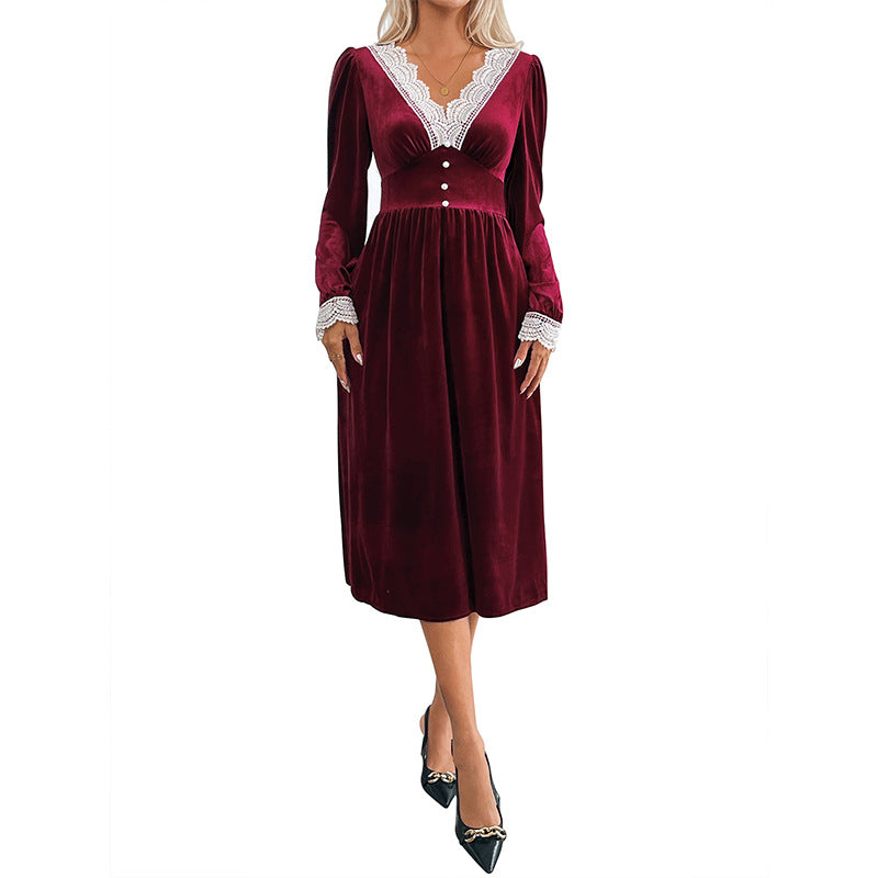 Damen Samtkleid Spitzenapplikation Knöpfe Eveloria