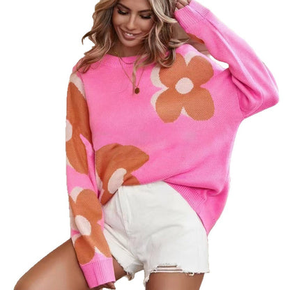 Damen Grobstrickpullover Blumenmuster Rundhals Eveloria
