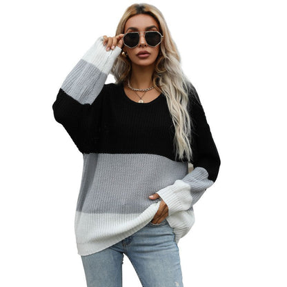 Damen Strickpullover Locker Trendiges Farbblock-Design Eveloria