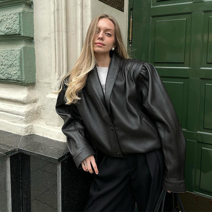 Damen Lederblazerjacke Puffärmel Eveloria