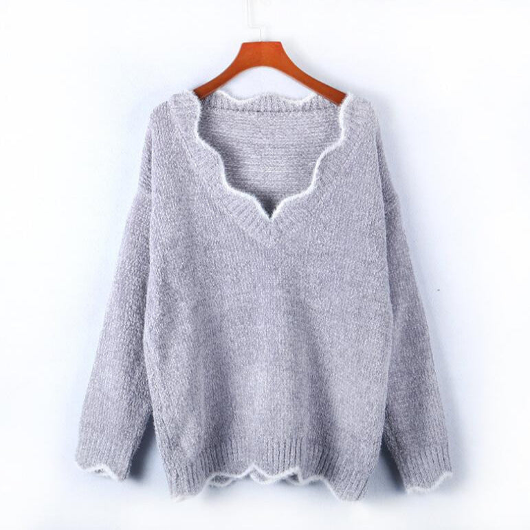 Damen Strickpulli V-Ausschnitt Weich Welliger Saum Beige