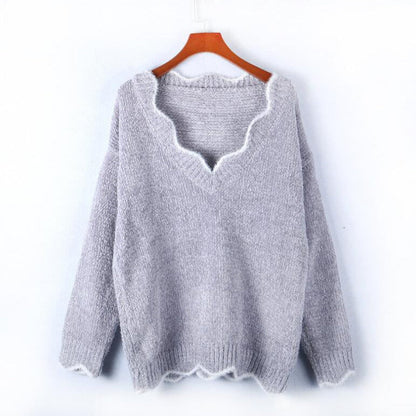 Damen Strickpulli V-Ausschnitt Weich Welliger Saum Beige
