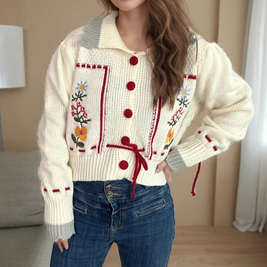 Damen Strickjacke Blumenstickerei Kordelzug