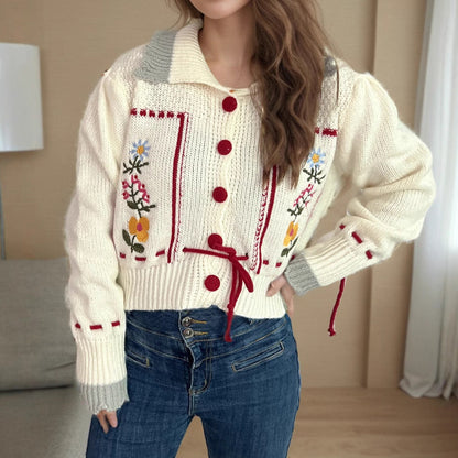 Damen Strickjacke Blumenstickerei Kordelzug