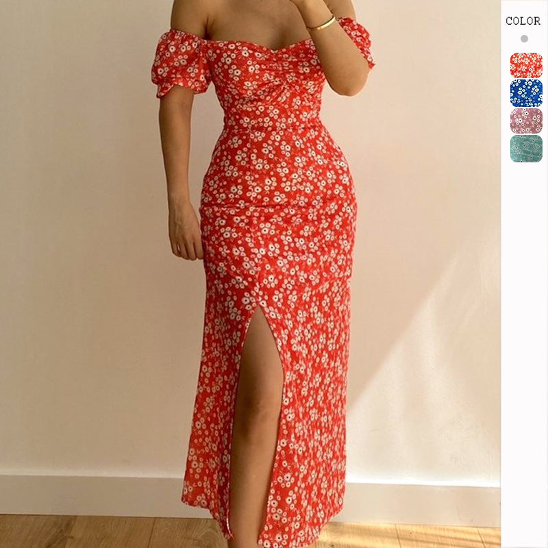 Damen Maxikleid Figurbetont Puffärmel Floralmuster - Eveloria
