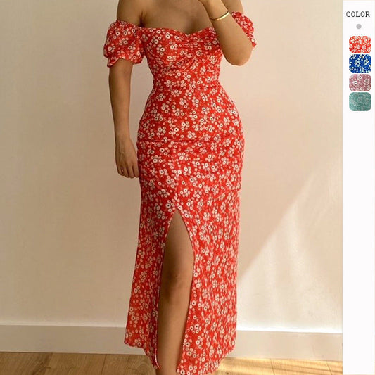 Damen Maxikleid Figurbetont Puffärmel Floralmuster - Eveloria