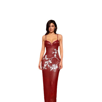 Damen Abendkleid V-Ausschnitt Floralmuster Eveloria