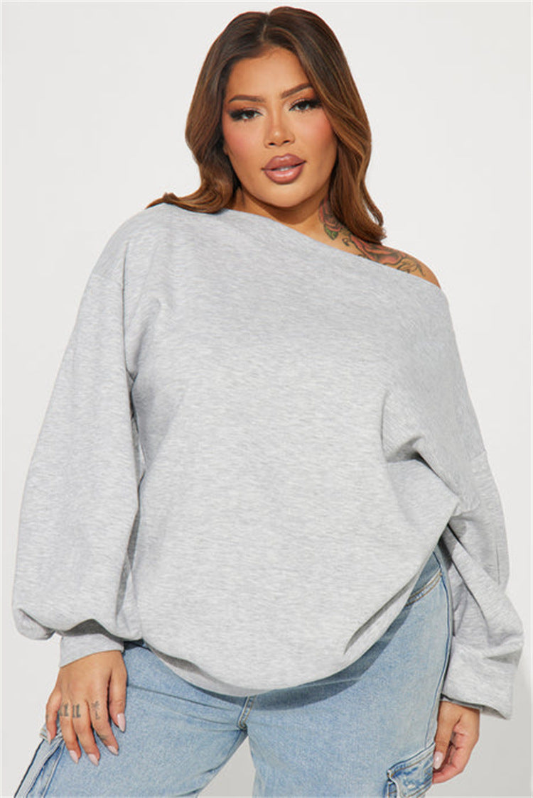 Damen Oversized Sweatshirt Asymmetrischer Ausschnitt Ballonärmel Grau