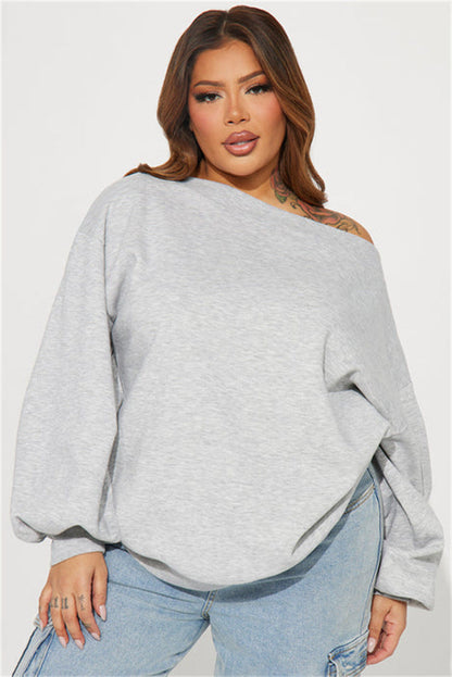 Damen Oversized Sweatshirt Asymmetrischer Ausschnitt Ballonärmel Grau