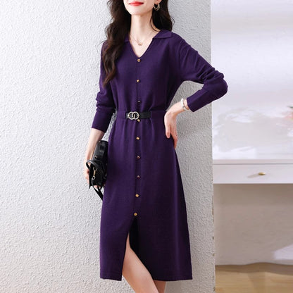 Damen Midi-Kleid Knöpfe Tailliert Eveloria