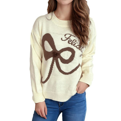 Damen Pullover Weich Verspieltes Schleifenmuster Beige
