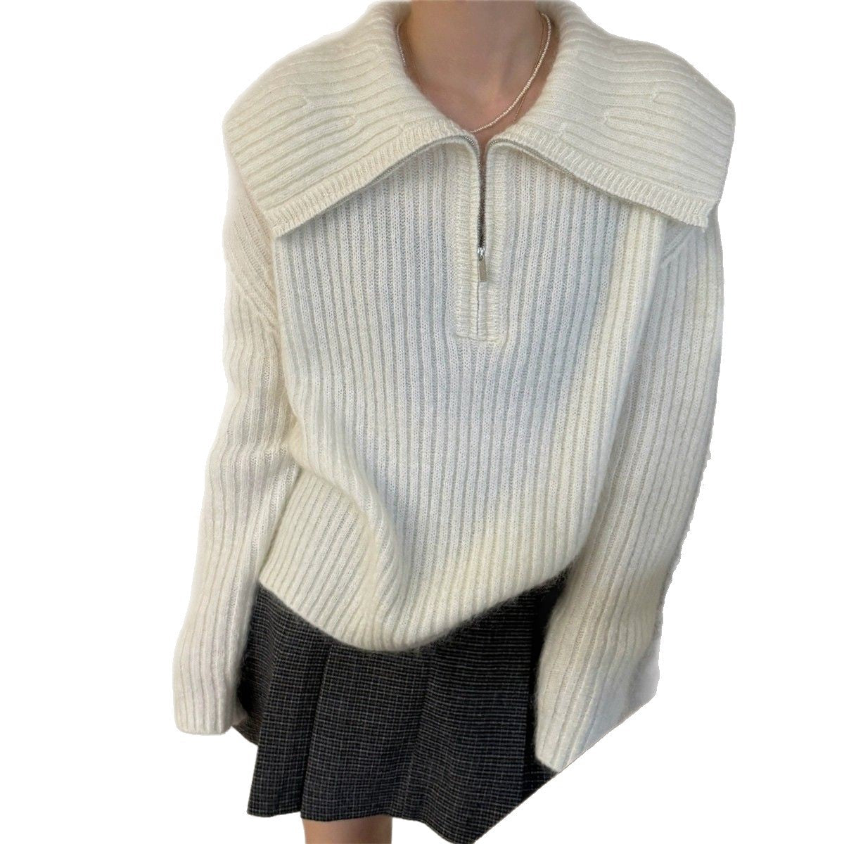 Damen Strickpullover Großkragen Reißverschluss Eveloria