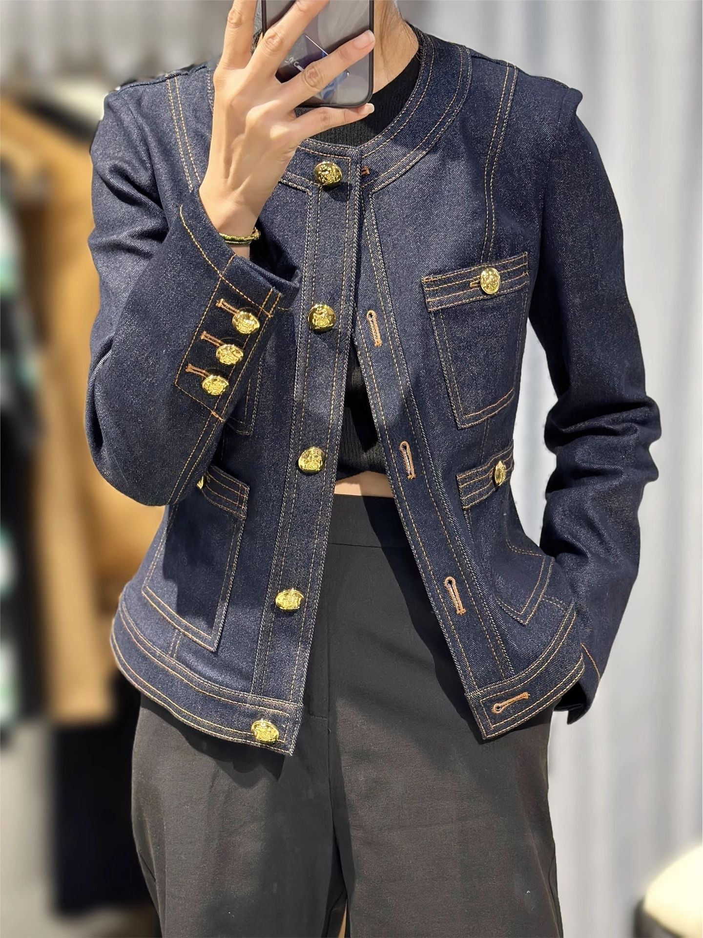 Damen Denimjacke Goldene Knöpfe Blau Eveloria