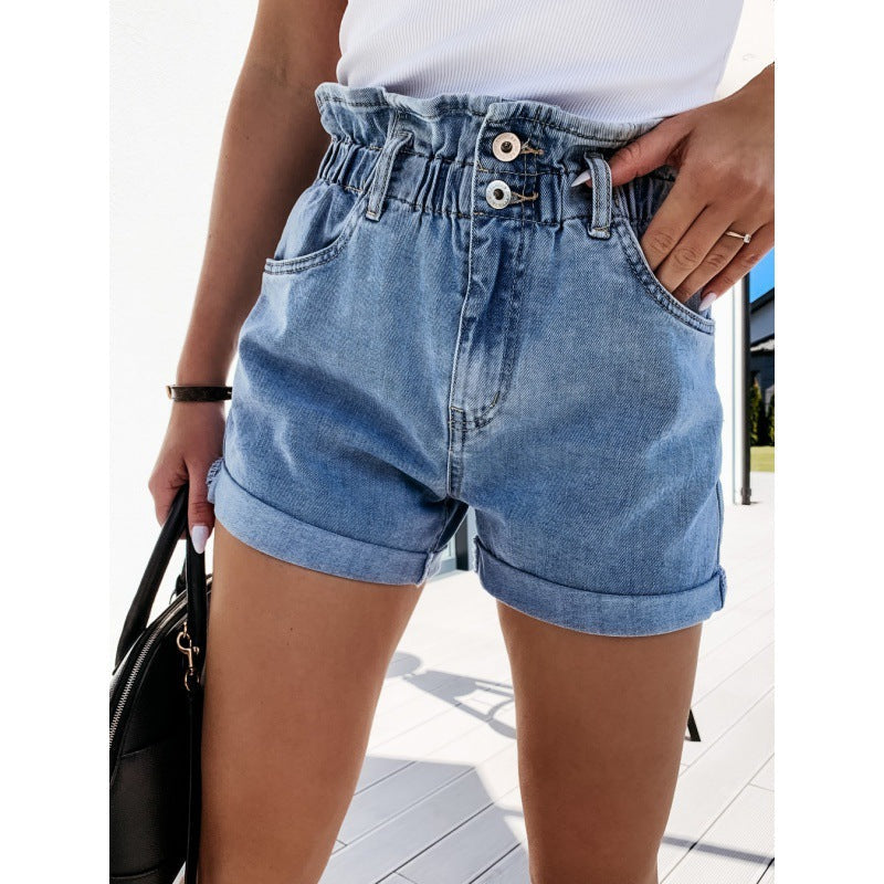 Damen Hochgeschlossene Jeansshorts Elastisch Eveloria