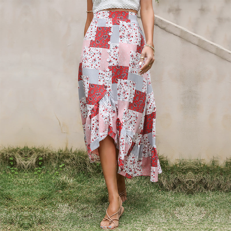 Damen Maxi-Rock Patchwork-Design Knopfdetails Dunkelblau