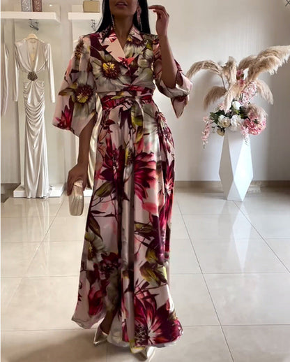 Damen Blumenkleid Tailliert Gürtel Weite Ärmel Eveloria