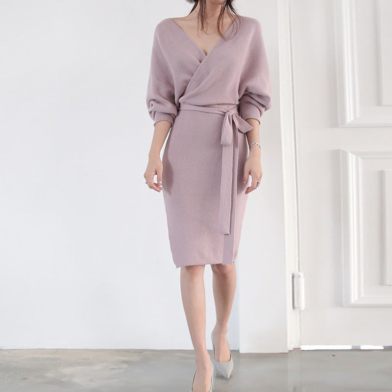Damen Strickkleid Wickeloptik Länge Mit langen Ärmeln