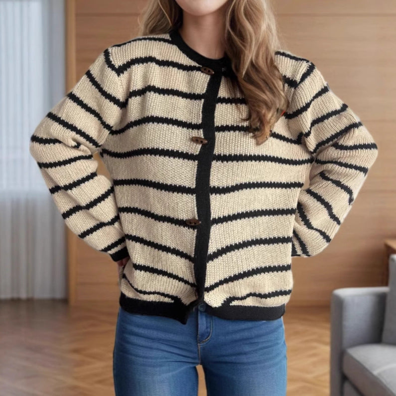 Damen Strickcardigan mit Holzknöpfen und Streifenmuster