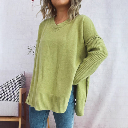 Damen Pullover V-Ausschnitt Strukturierte Ärmel Weites Design